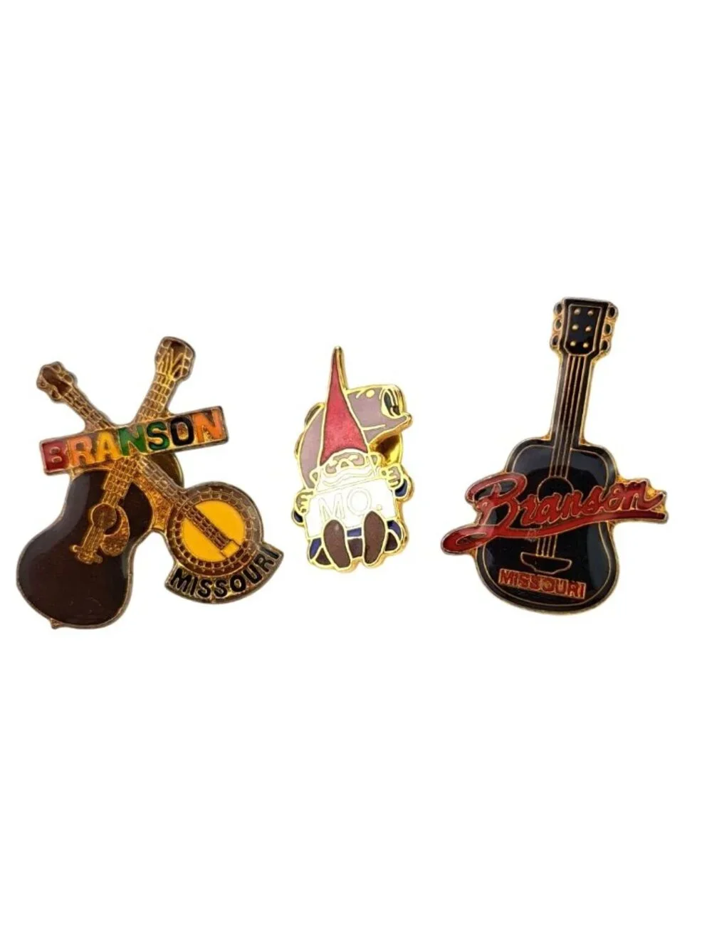 Vintage Branson Missouri Souvenir Lapel Pins Set Of 3 Guitar Gnome Banjo Fish